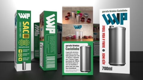 Projeto gráfico em 3D, embalagem garrafa térmica Castelinho.