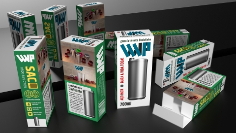 Projeto gráfico em 3D, embalagem garrafa térmica Castelinho.