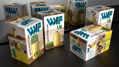 Projeto gráfico em 3D, embalagem garrafa térmica Luxor.