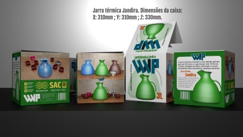 Projeto gráfico em 3D, embalagem jarra térmica Jandira.